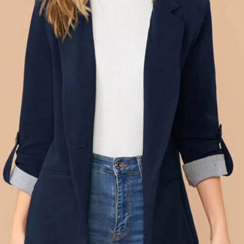 Dark Blue Roll-Tab Sleeve Lapel Blazer