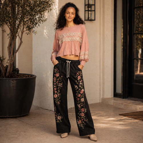 Soft Pink Textured Patch Shirring Top