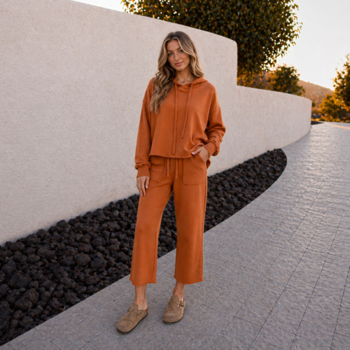 Burnt Amber Loose Fit Cotton Hoodie Sweater