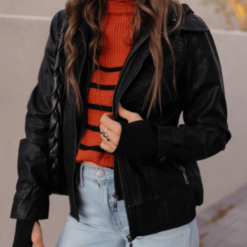 Hooded Vegan Leather Moto Jacket with Thumbholes