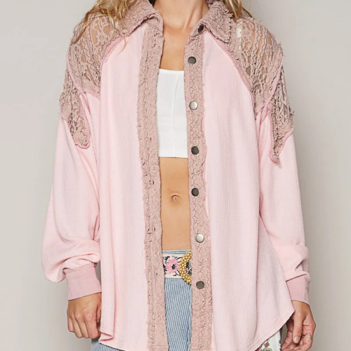 Blush Lace Patchwork Button-Up Shacket