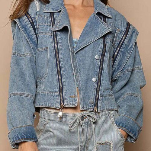 Cropped Denim Jacket with Functional Zipper Detail